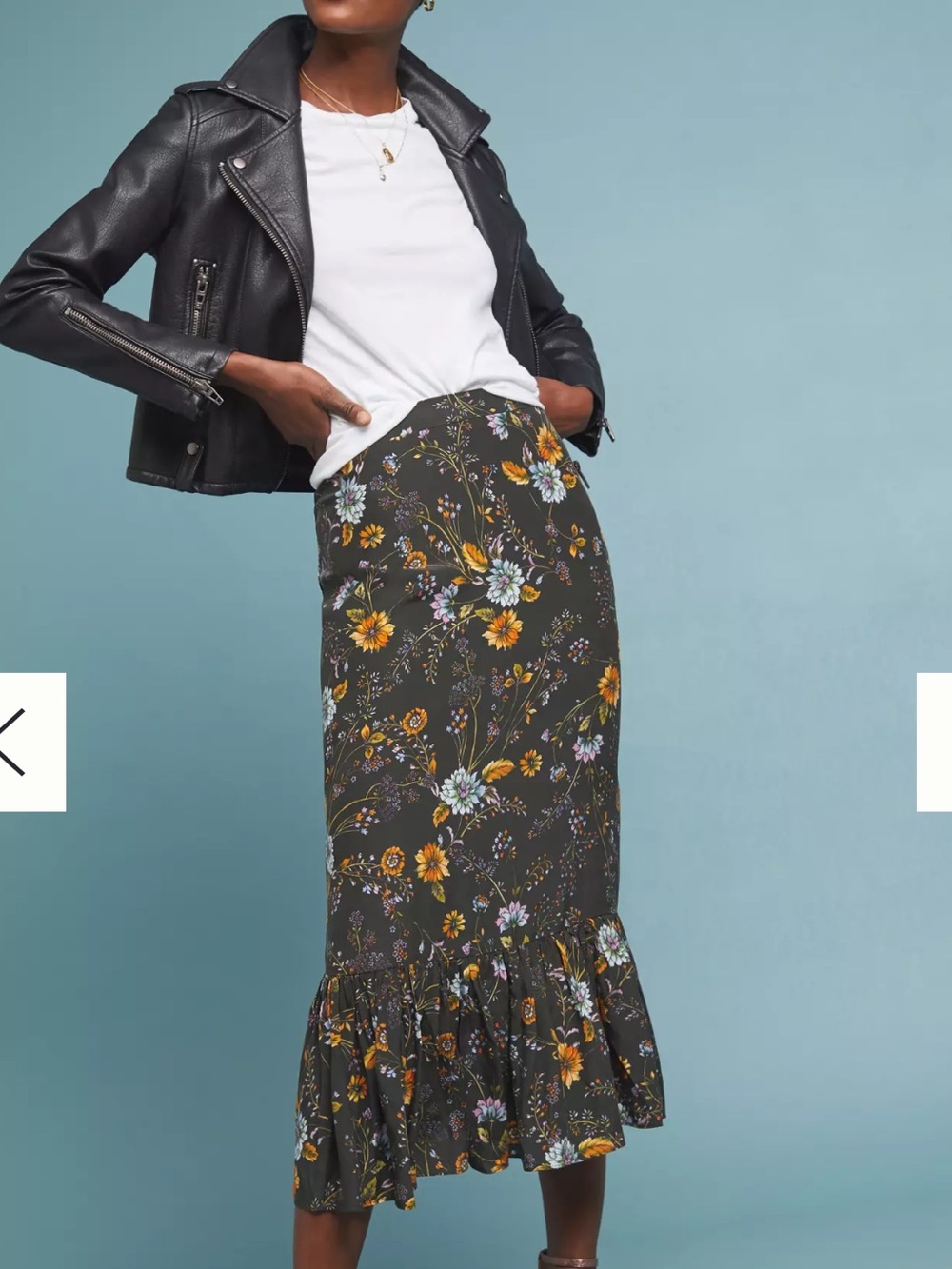 NWT Anthropologie Midi Skirt Womens Sz L Doman Silk Black floral Ruffle-Hem Midi